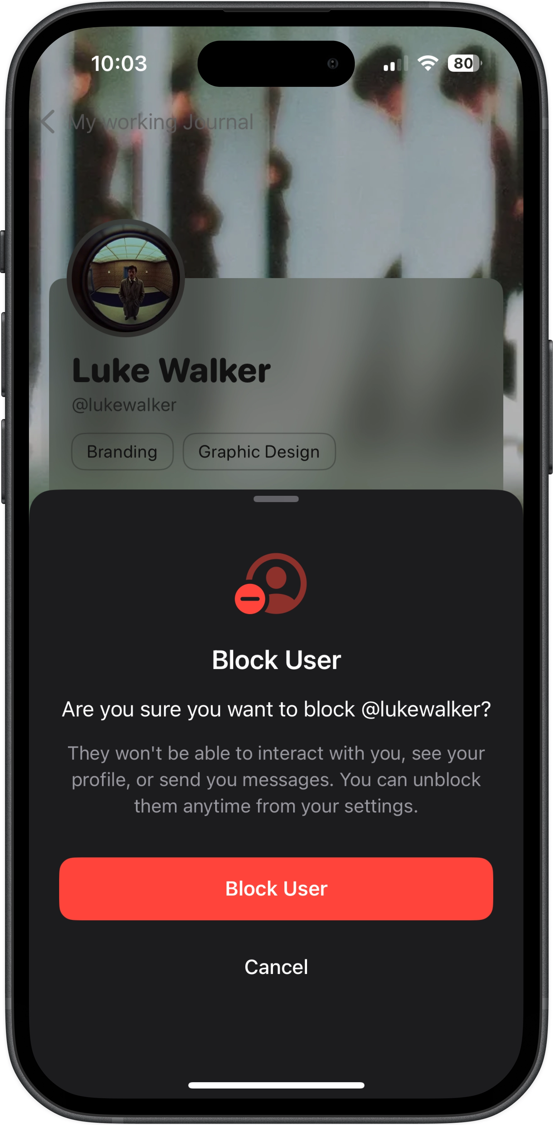 Block user interface showing account blocking options