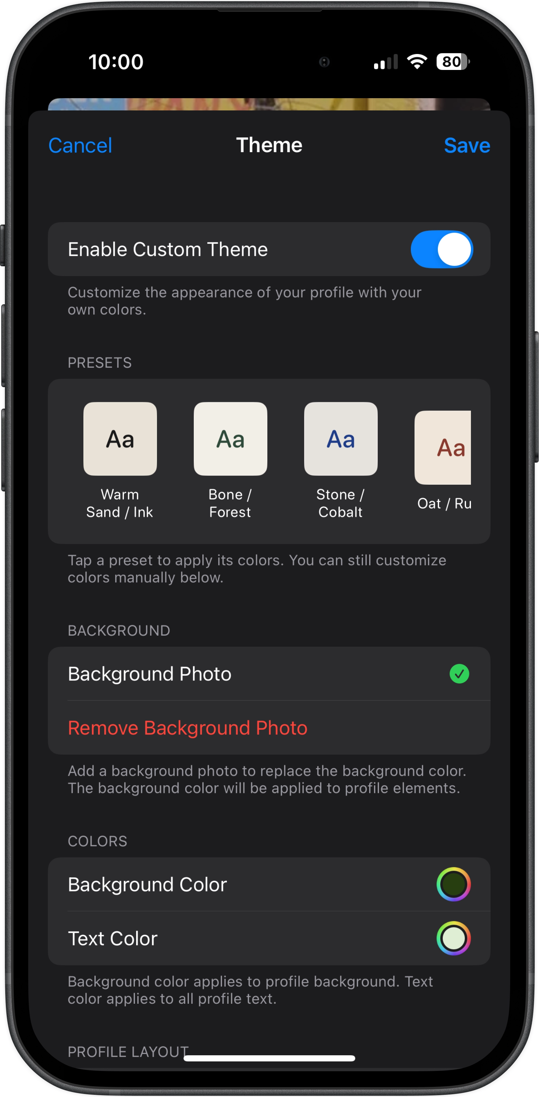 Profile theme editor showing options for colors, backgrounds and text styling