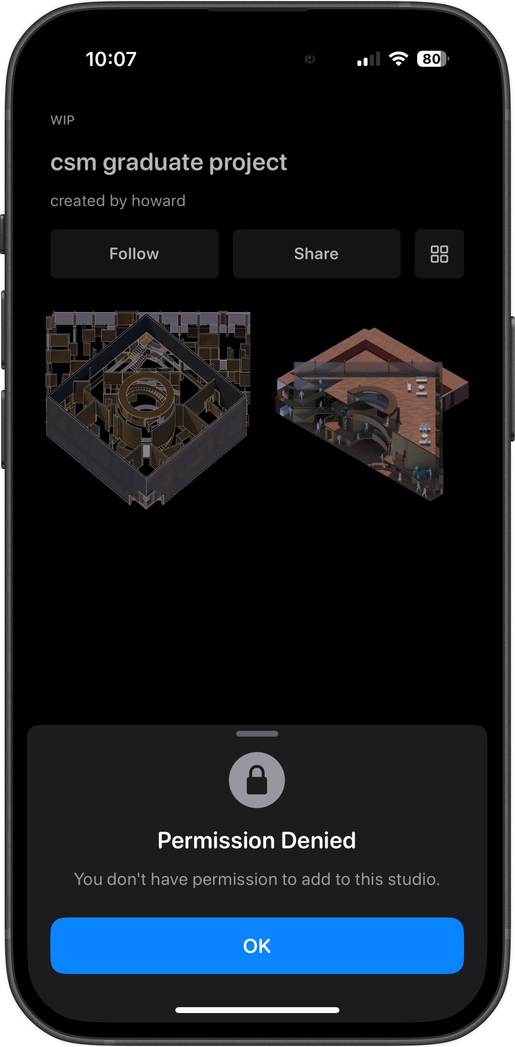 Studio access control showing permission denied message when trying to add posts