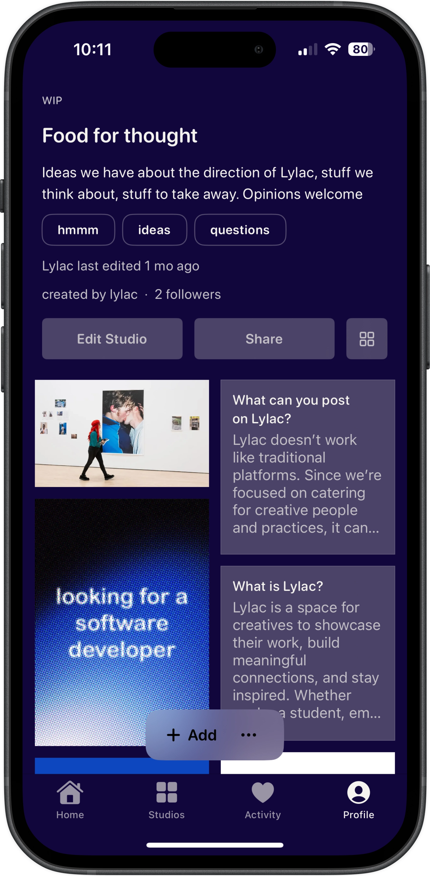 Studio styled with color backdrop and text-led layout showing WIP posts