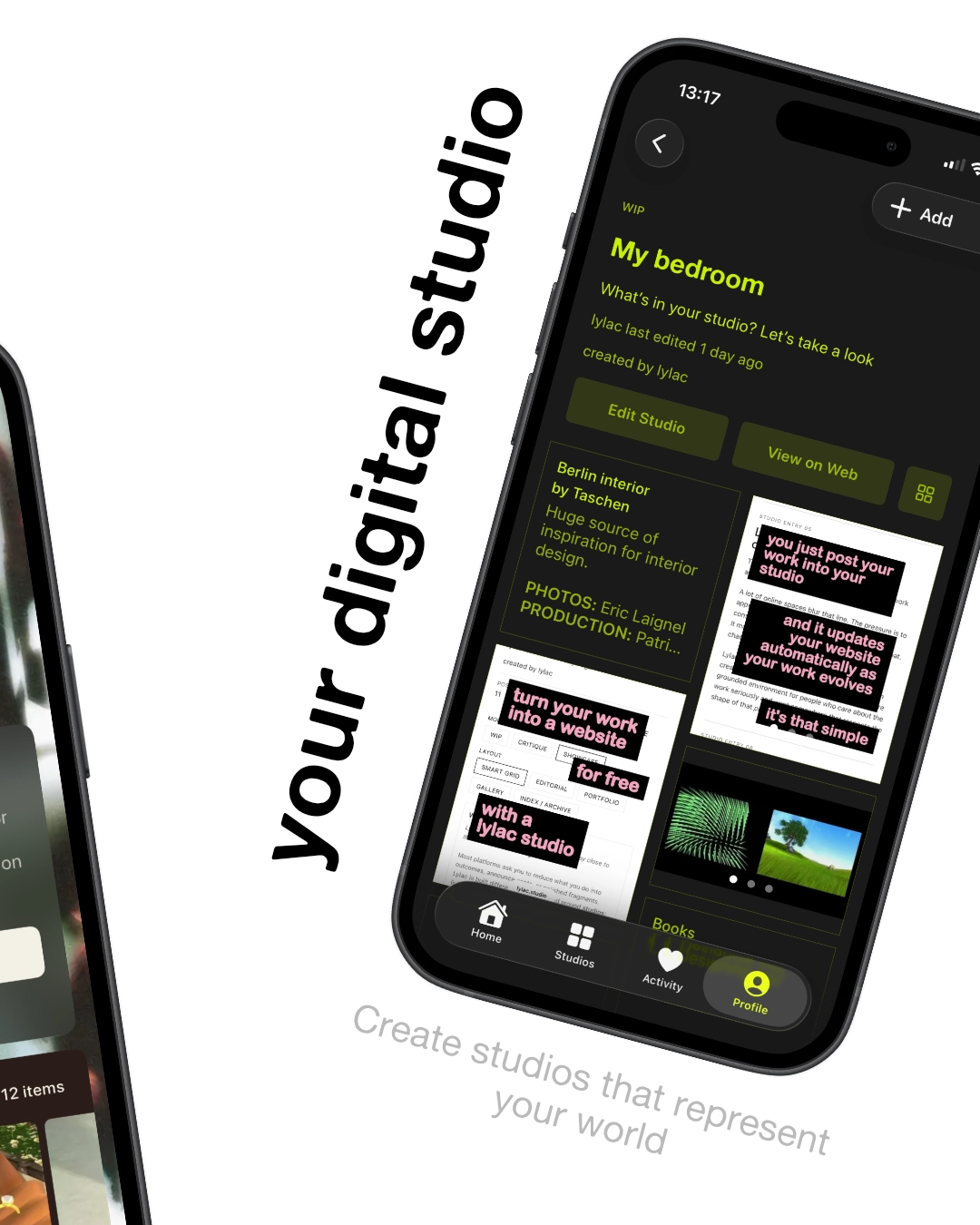 Promotional slide showing the Lylac studio view on a phone.