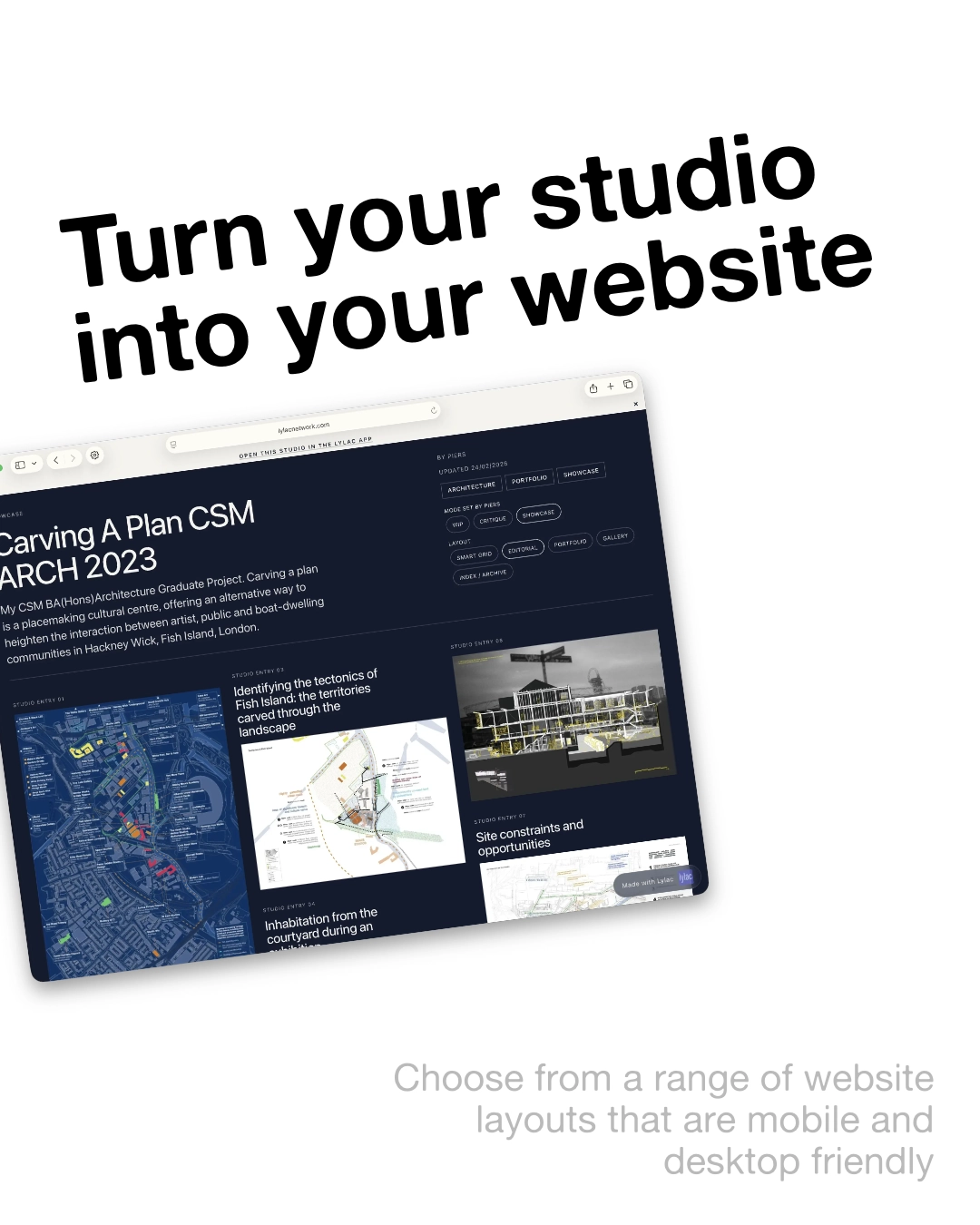 Promotional slide showing a Lylac studio rendered as a website in a browser window.